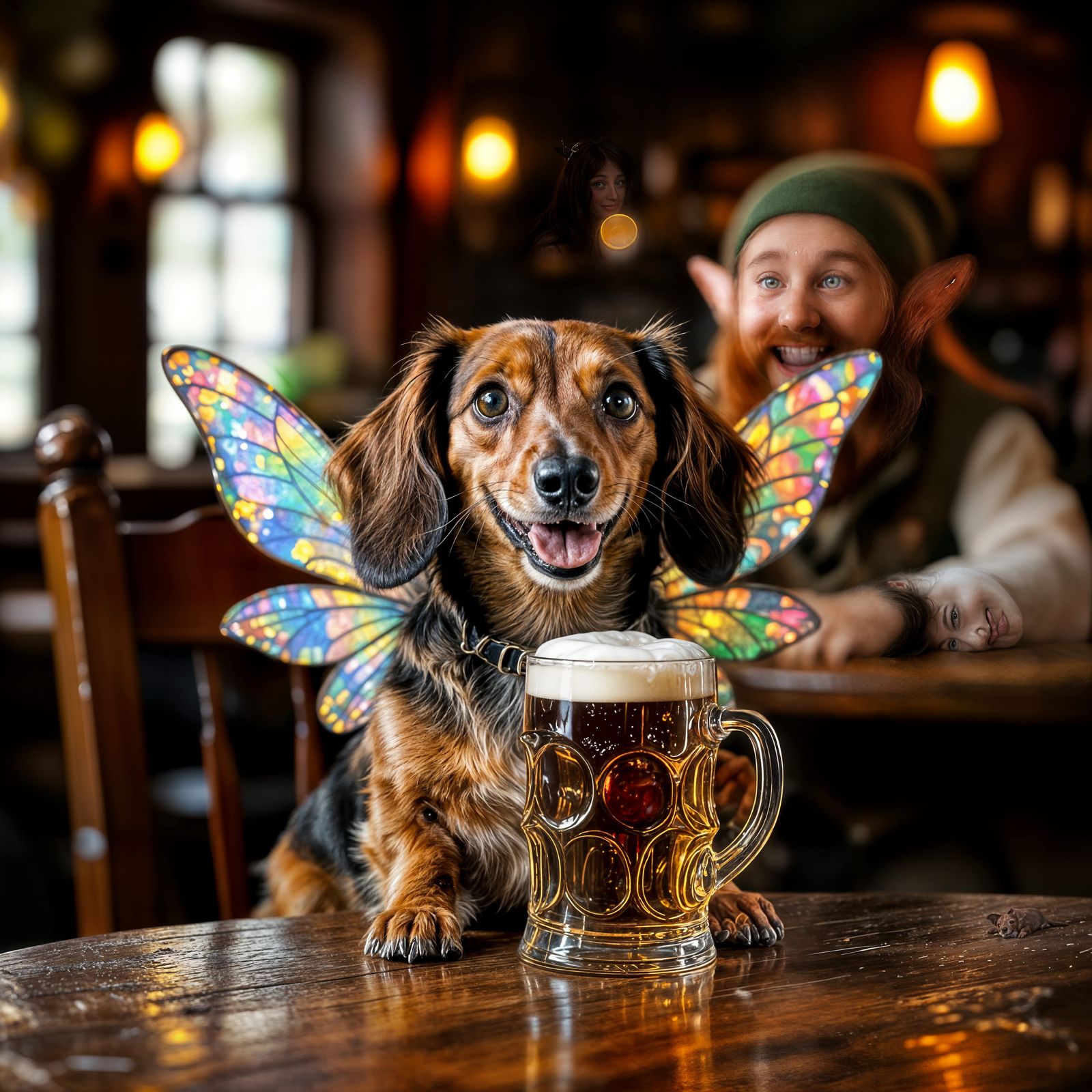 Dachshund With Fairy Wings Enjoys Ale In Irish Pub