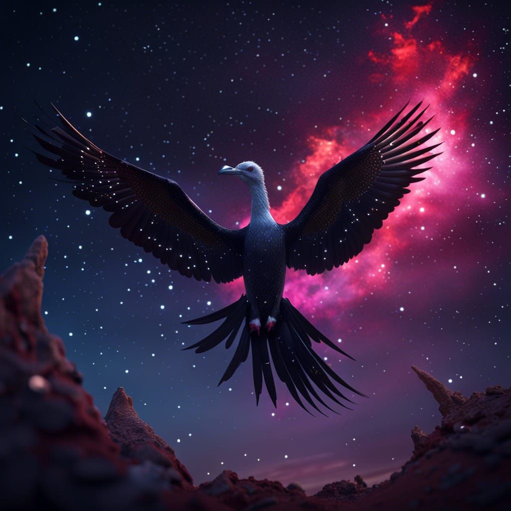Frigatebird Dances in Starry Sky: Fantasy Concept Art