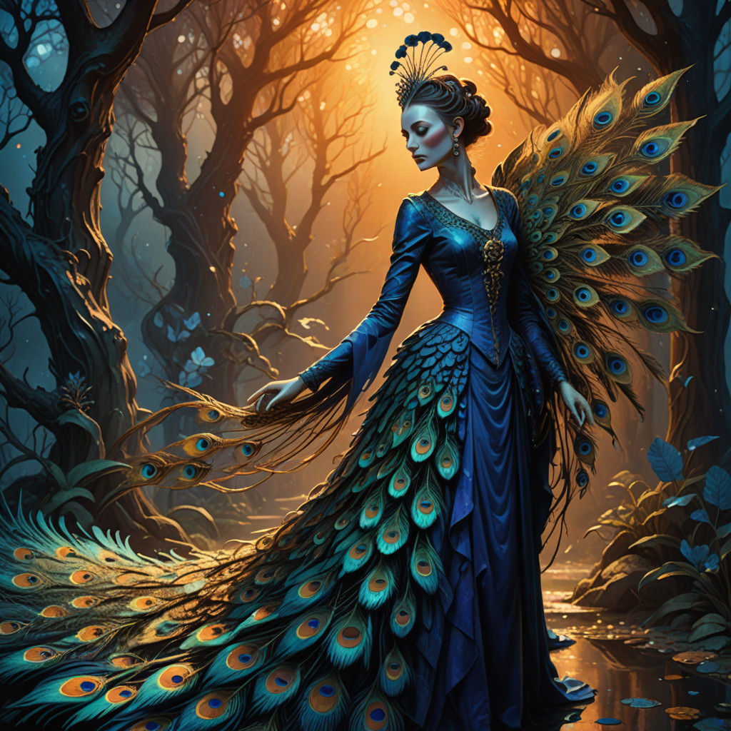 Surrealistic Peacock Woman Reflects in Dew Drops