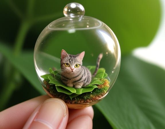 Surreal Miniature Cat on Giant Leaf