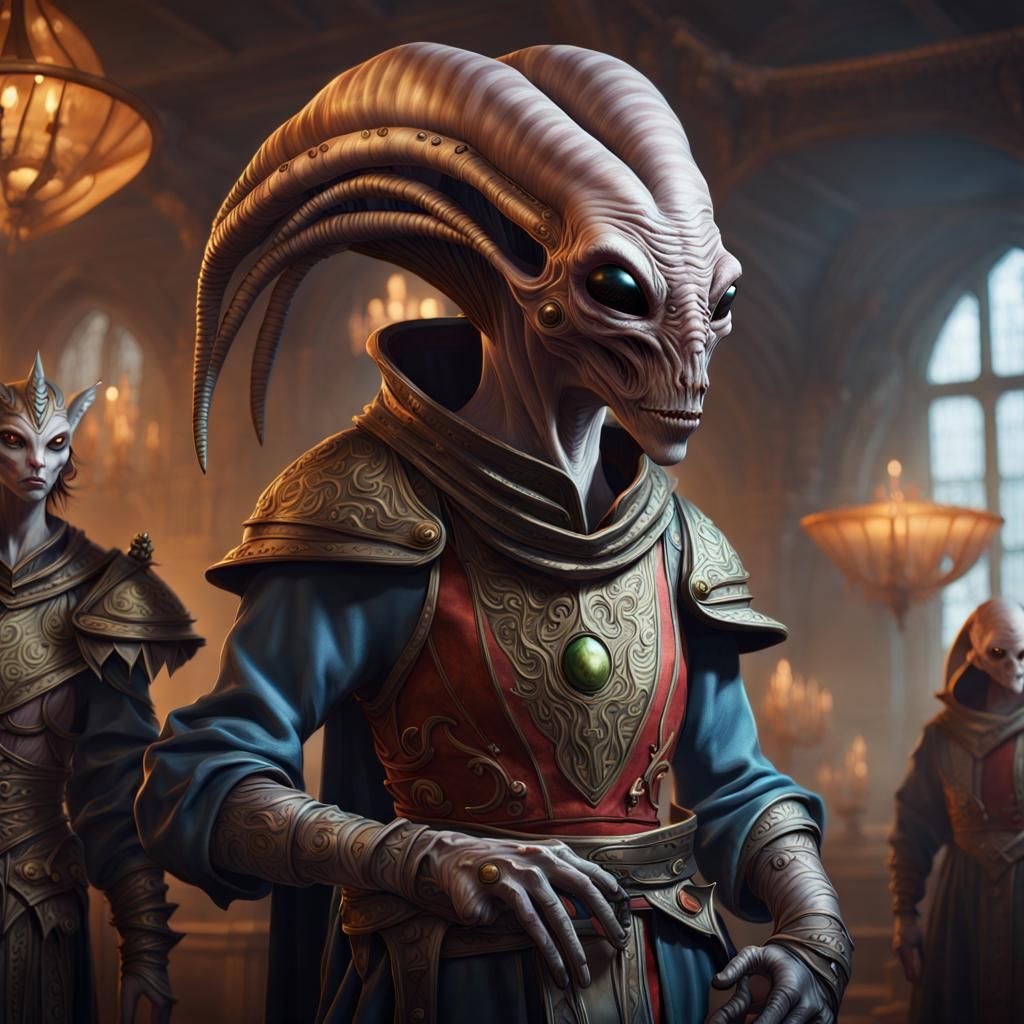 Medieval Aliens at Trade Guild: Hyperrealistic Concept Art