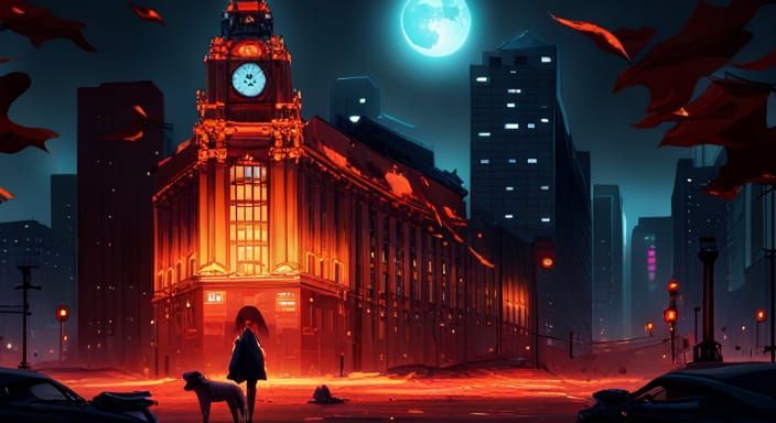 Cyberpunk Town Hall in Autumn Night