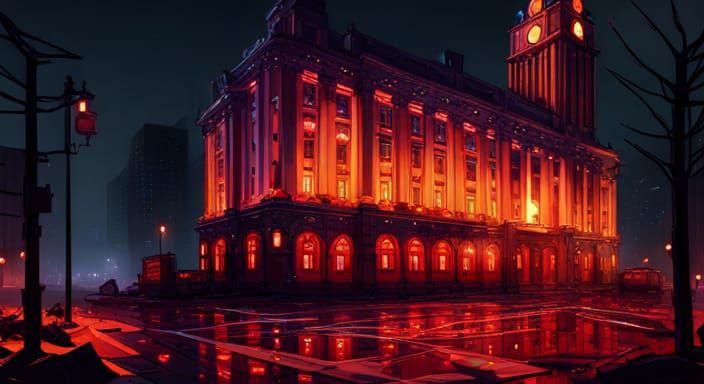 Cyberpunk Town Hall at Autumn Night