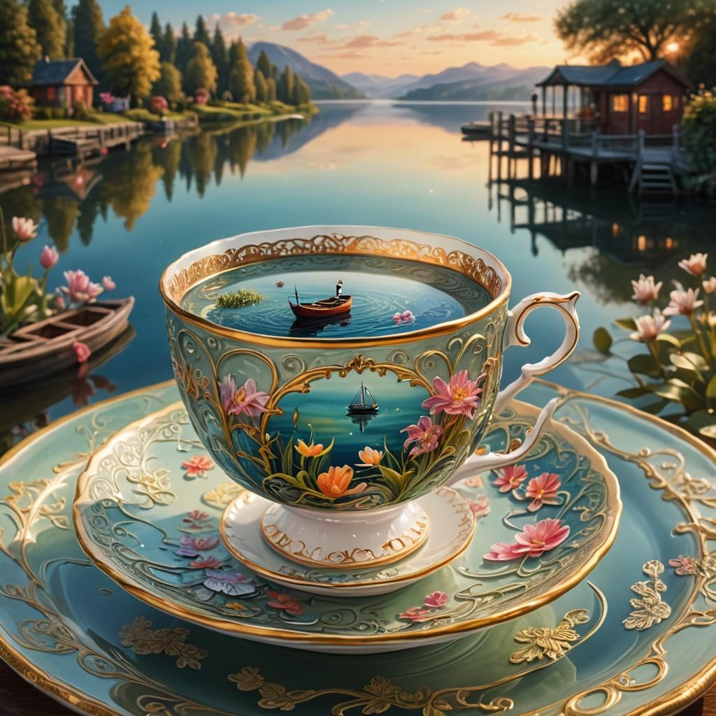 Miniature Lake Scene Inside Ornate Teacup