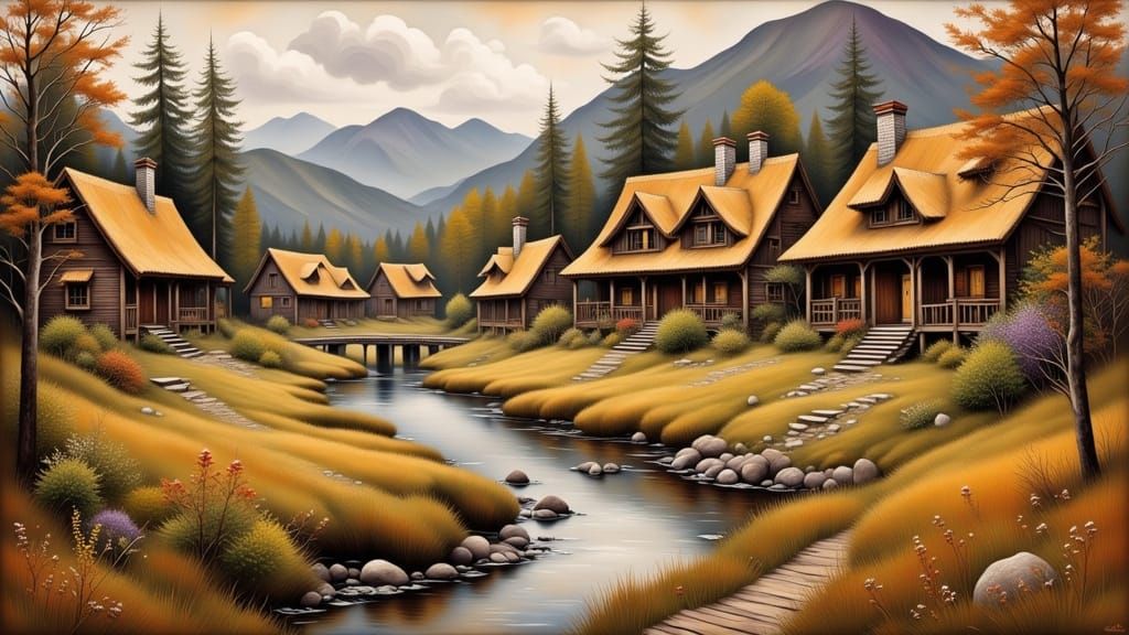 Vibrant Scottish Village Scene in Oil Painting Style