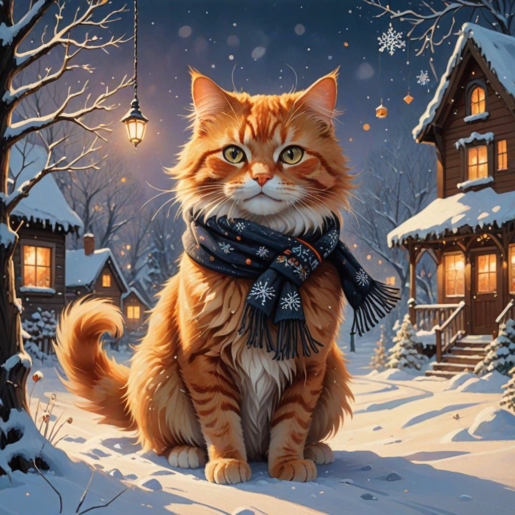 Fluffy Orange Cat in Whimsical Winter Wonderland