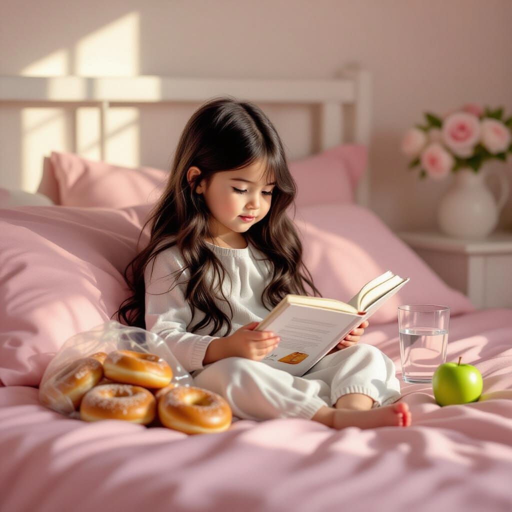 Young Girl Reads Book on Pink Bed with Snacks