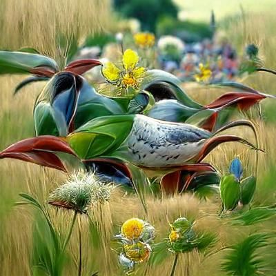 Bird Plant in Flower Meadow: Oil Painting