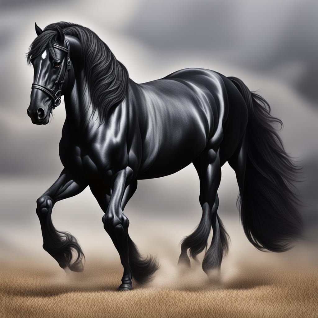 Elegant Friesian Horse in Photorealistic Charcoal Drawing