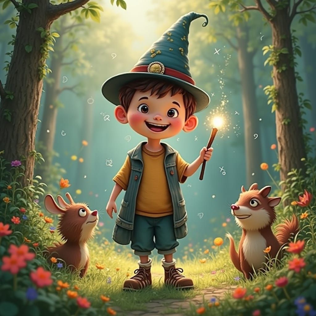 Magical Boy Solves Math Problems in Whimsical Forest