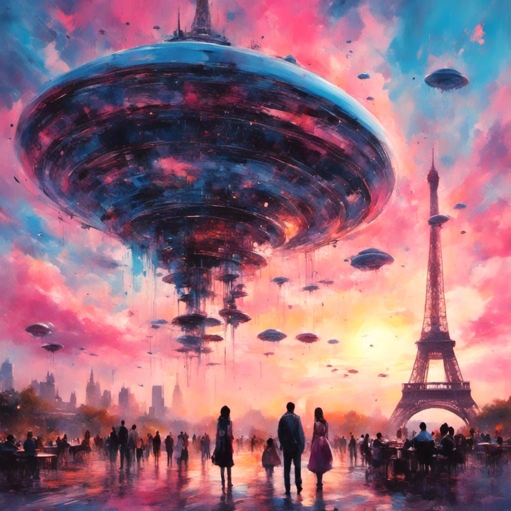UFO over Eiffel Tower at Sunset: Digital Art