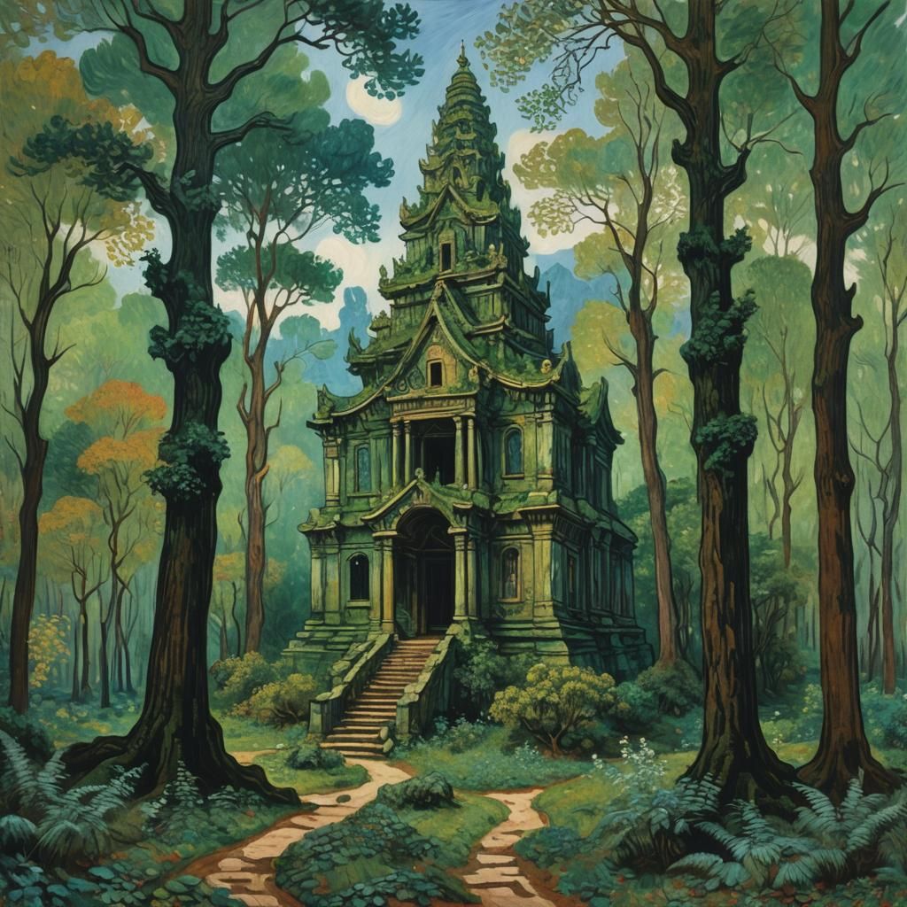 Ancient Temple in Forest Canopy: Impressionist Style
