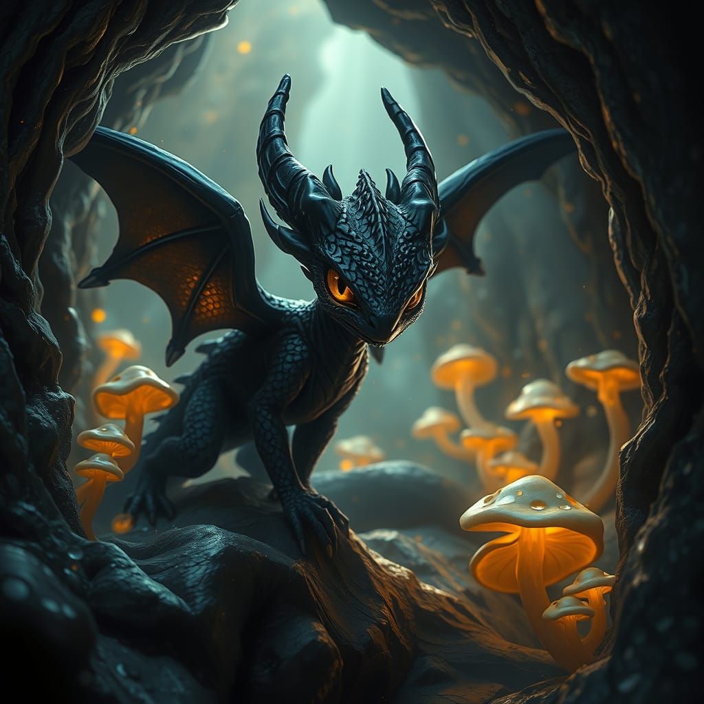 Shadow Drake in Glowing Cave, Dark Fantasy Scene