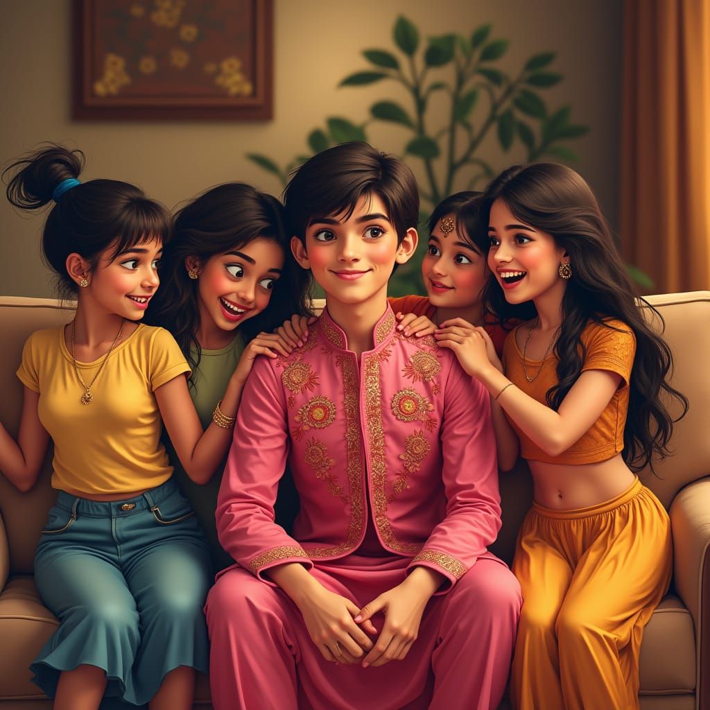 Young Indian Boy Surrounded by Playful Girls in a Cozy Livin...