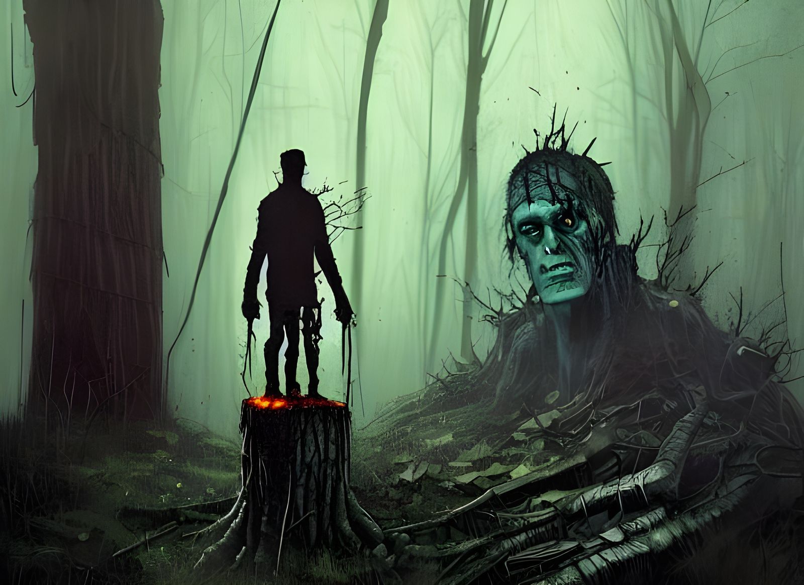 Frankenstein's Monster Forlorn in a Spooky Forest