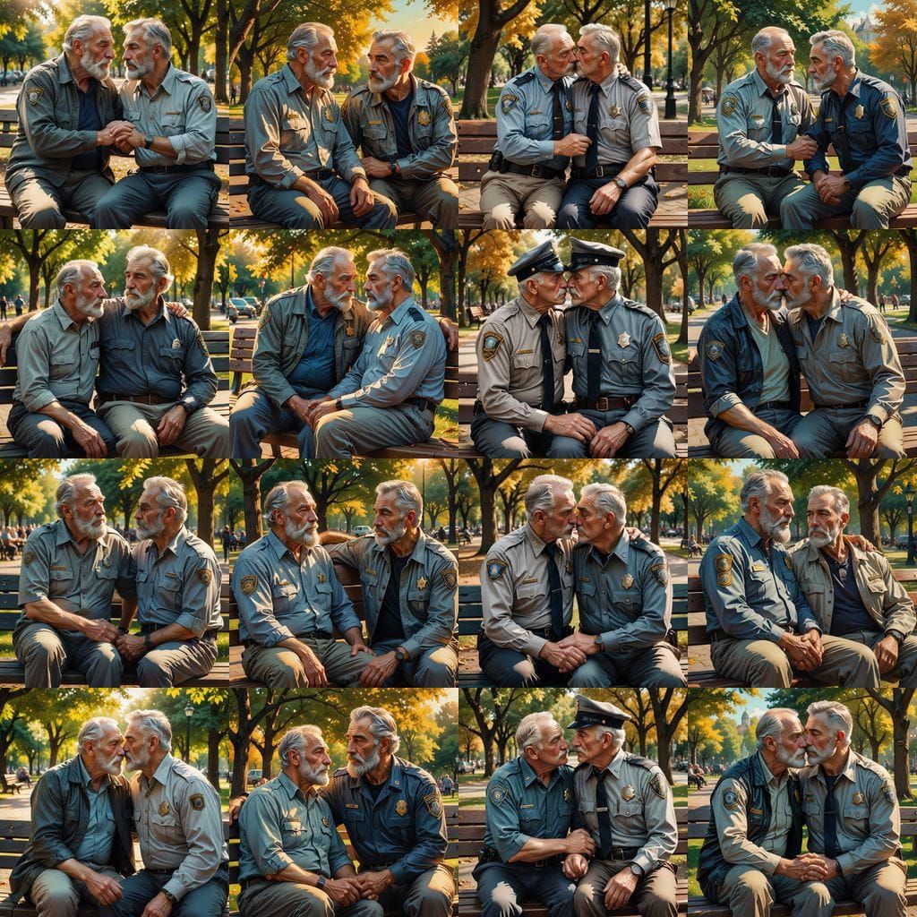 Elderly Man Kisses Cop in Park