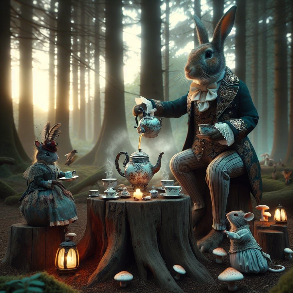 Realistic whimsical magical scene of a rabbit, dressed in an...