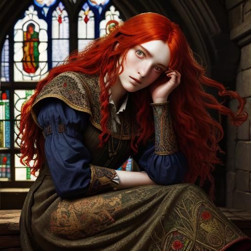 Pre-Raphaelite Red-Haired Girl in Castle Interior