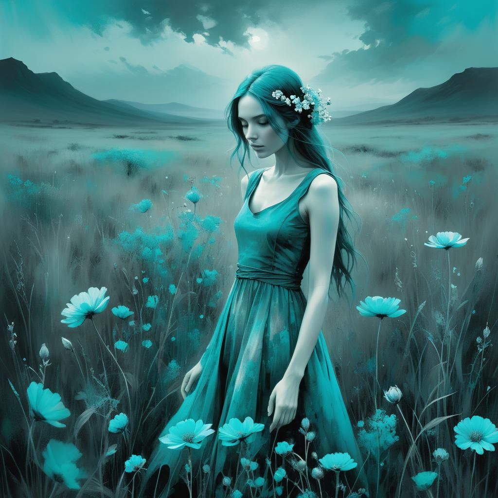 Monochromatic Turquoise Flower Field in Watercolor Style