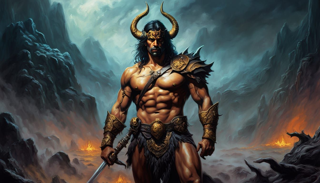 Heroic Warrior in Dark Fantasy Landscape Oil Painting