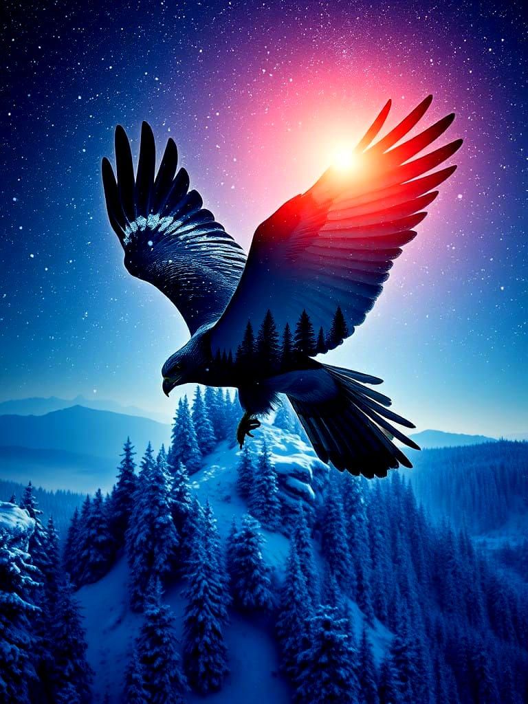 Surreal Hawk Takes Flight in Starry Winter Wonderland