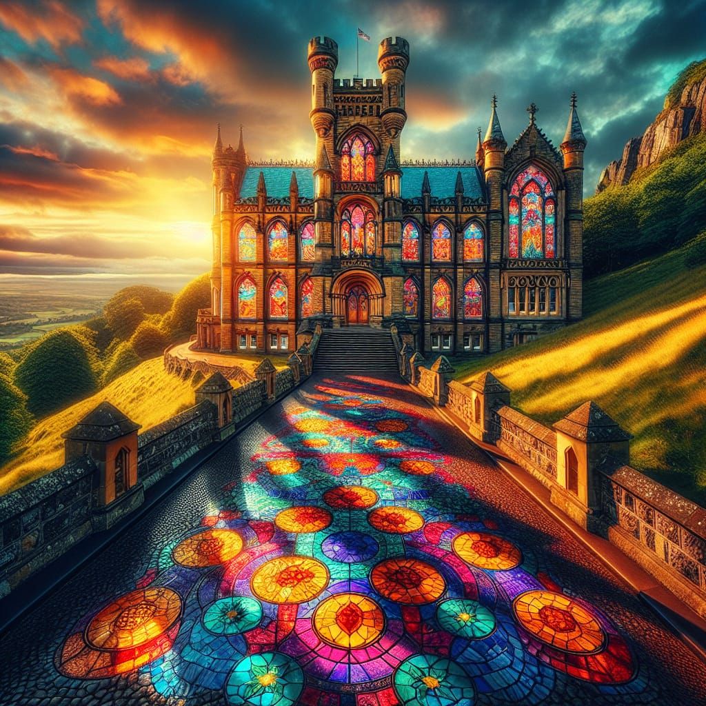 Majestic Castle with Stained Glass in Hyperrealism