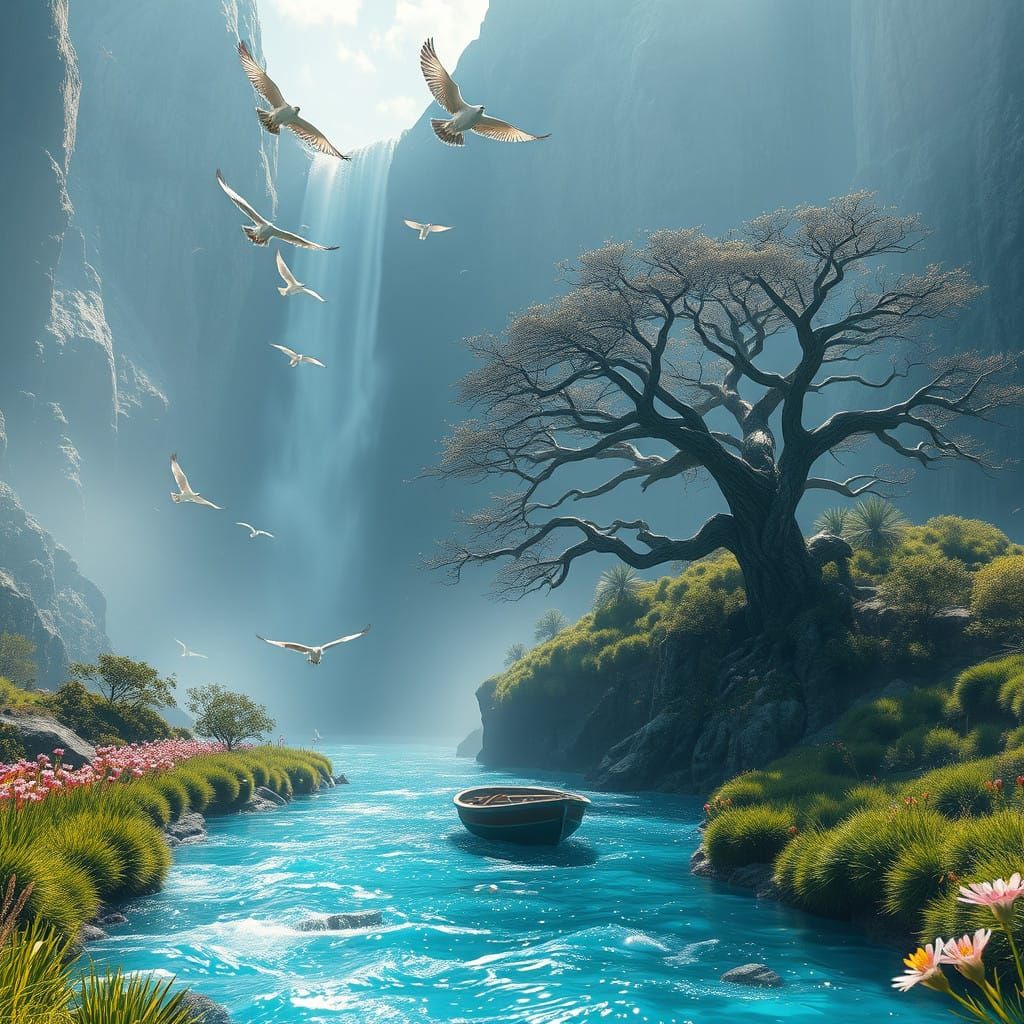 Ethereal Waterfall Cascades Between Ancient Mountains in Fut...