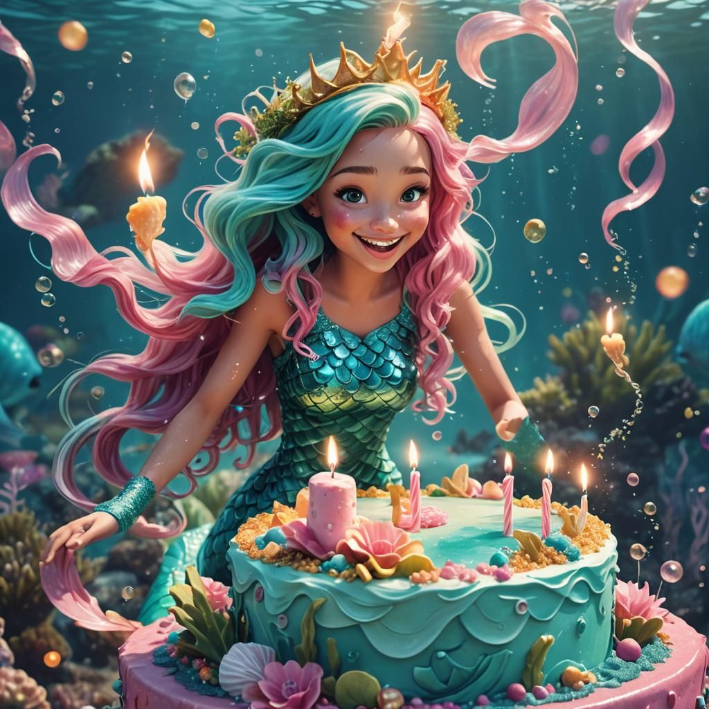 Underwater Mermaid's Birthday in a 3D Pixar Style