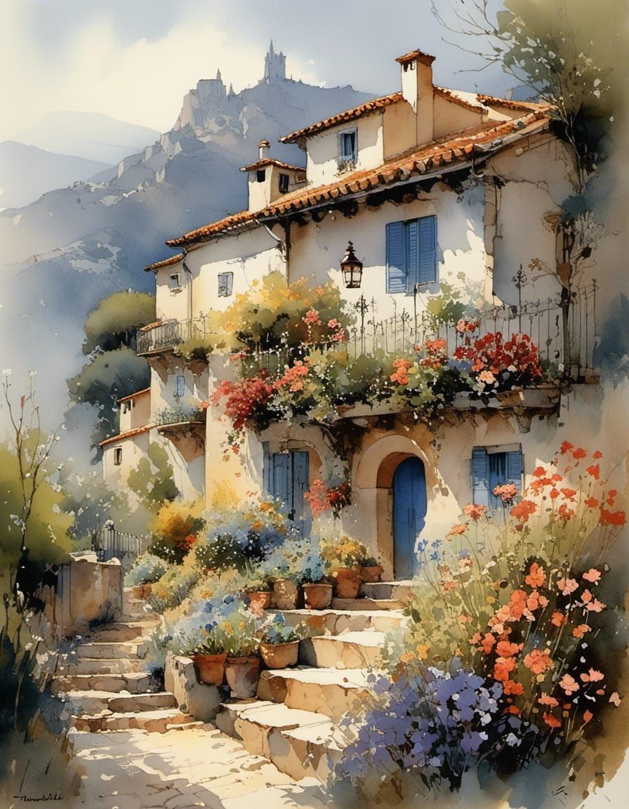 Picturesque Spanish Landscape in Pastel Gouache