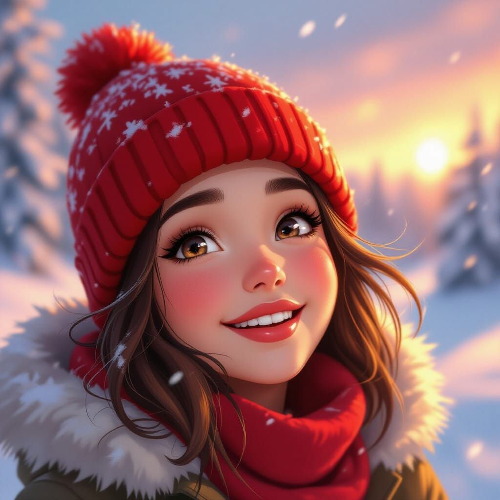 Girl Smiling in Winter Sunset Landscape