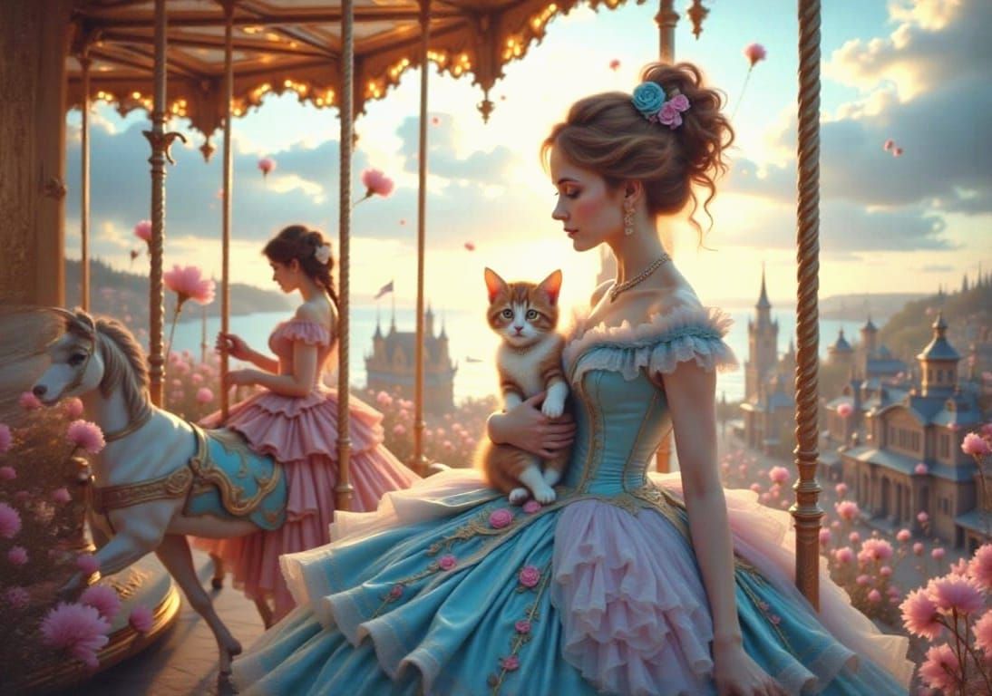 Victorian Carousel Merges with Cyberpunk Cityscape