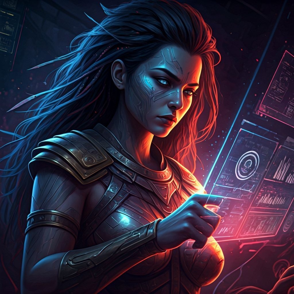 Cyberpunk Amazon Hacker in Neon Data Haven