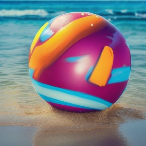 Hyperrealistic Beach Ball on Sandy Shore: Splash Art