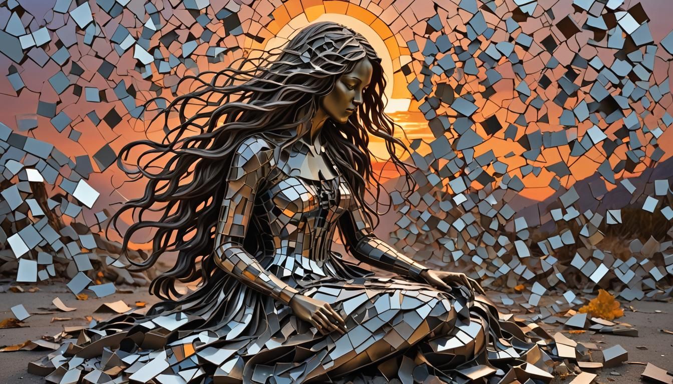 Surreal Fragmented Sculpture of Woman at Sunset