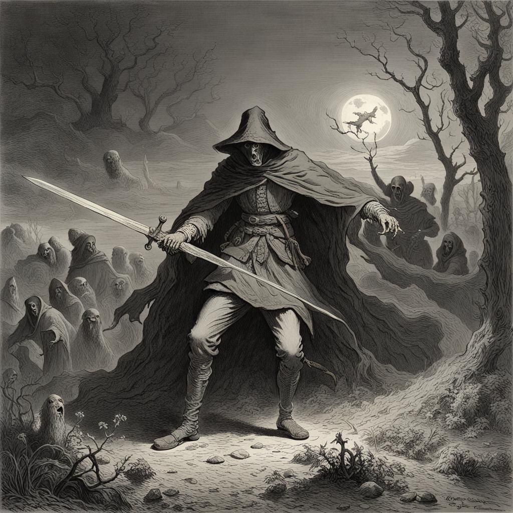 Men Hunting Ghost with Sword in Horror Style