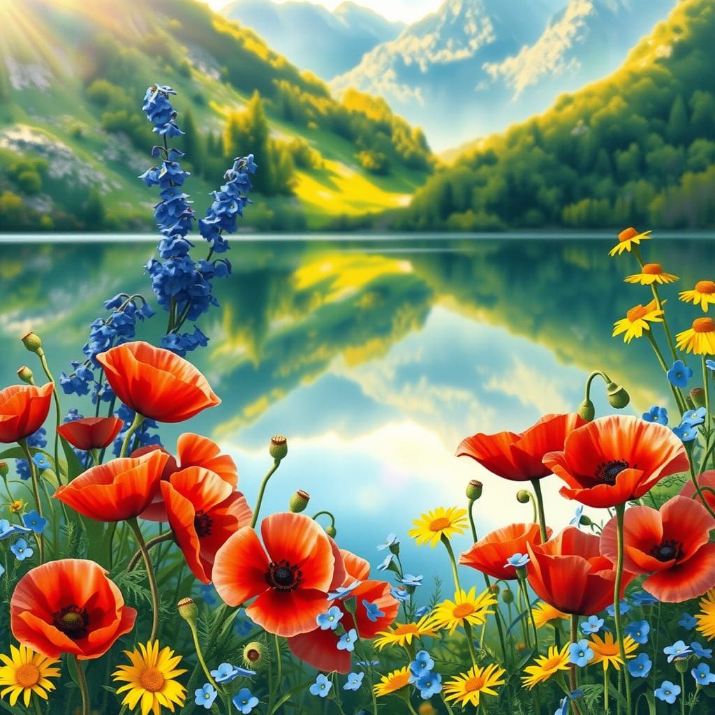 Serene Mountain Lake with Vibrant Floral Tapestry in Waterco...