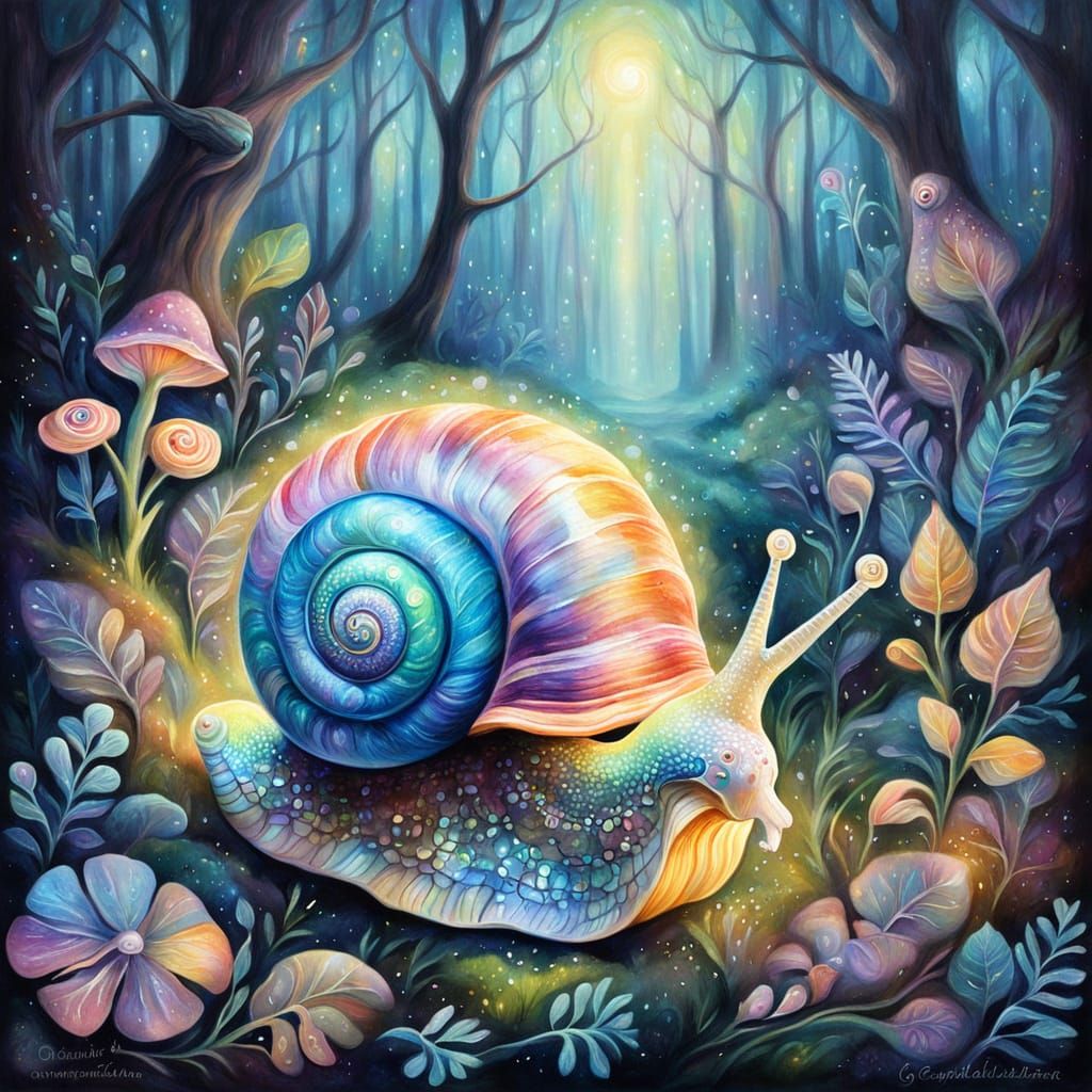 Glowing Snail in Enchanted Forest: Gouache Painting