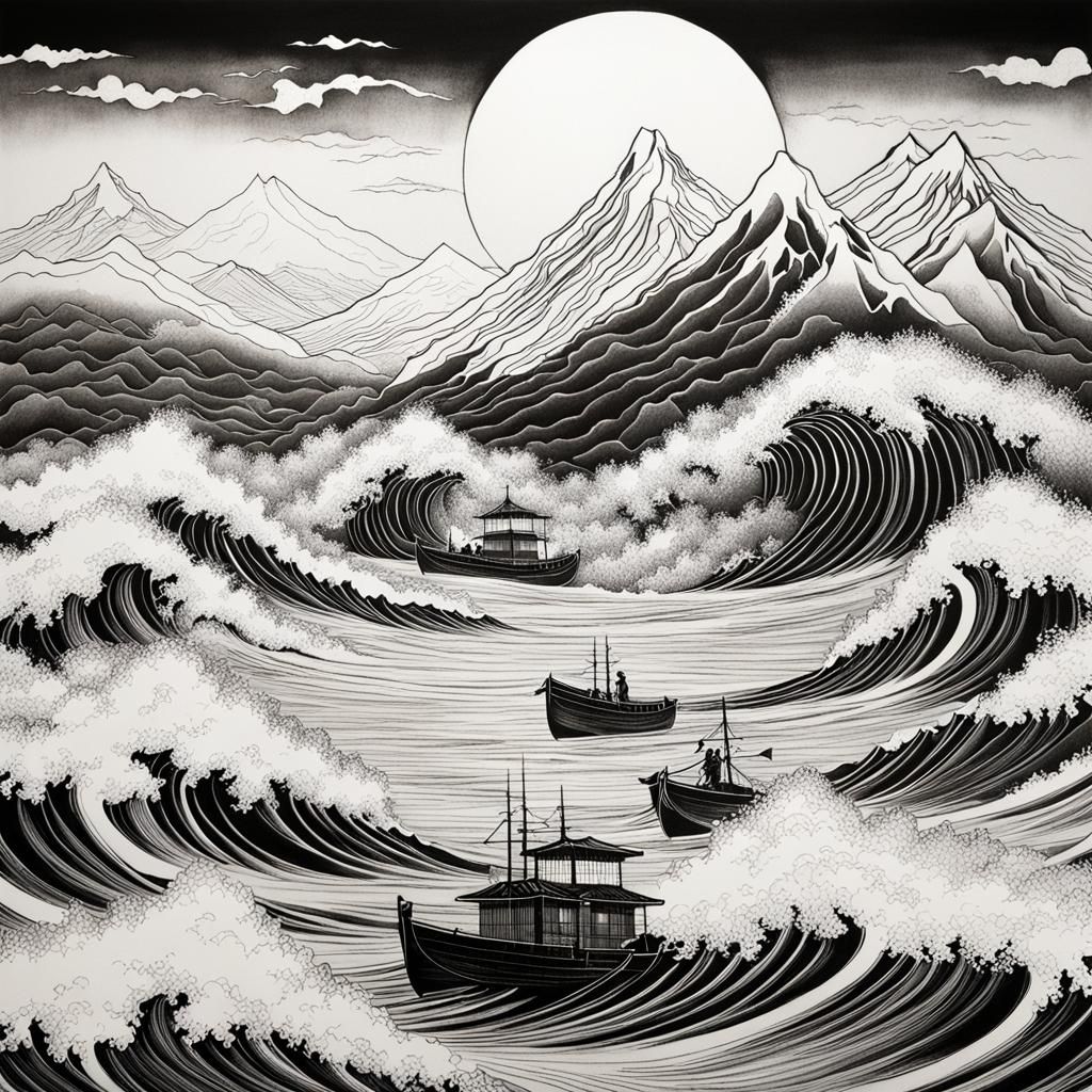 Japanese Ink Wave Scene with 3D Mountains