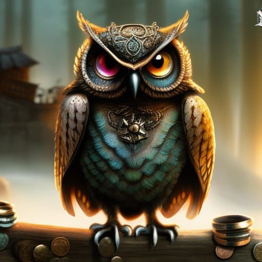 Chibi Owl on Treasure in Teacup, Nordic Style