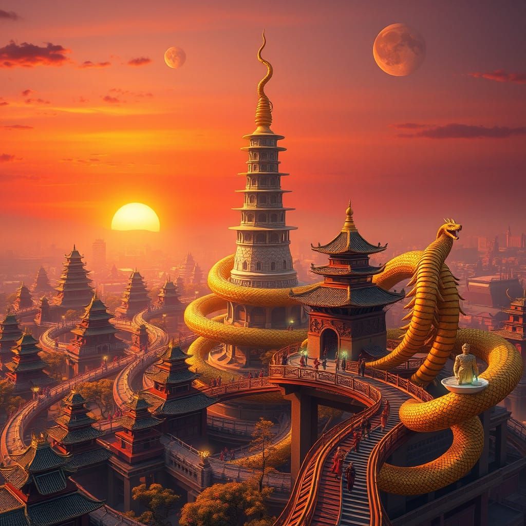 Surreal Xuanyang Cityscape with Serpent Tower and Golden Roa...