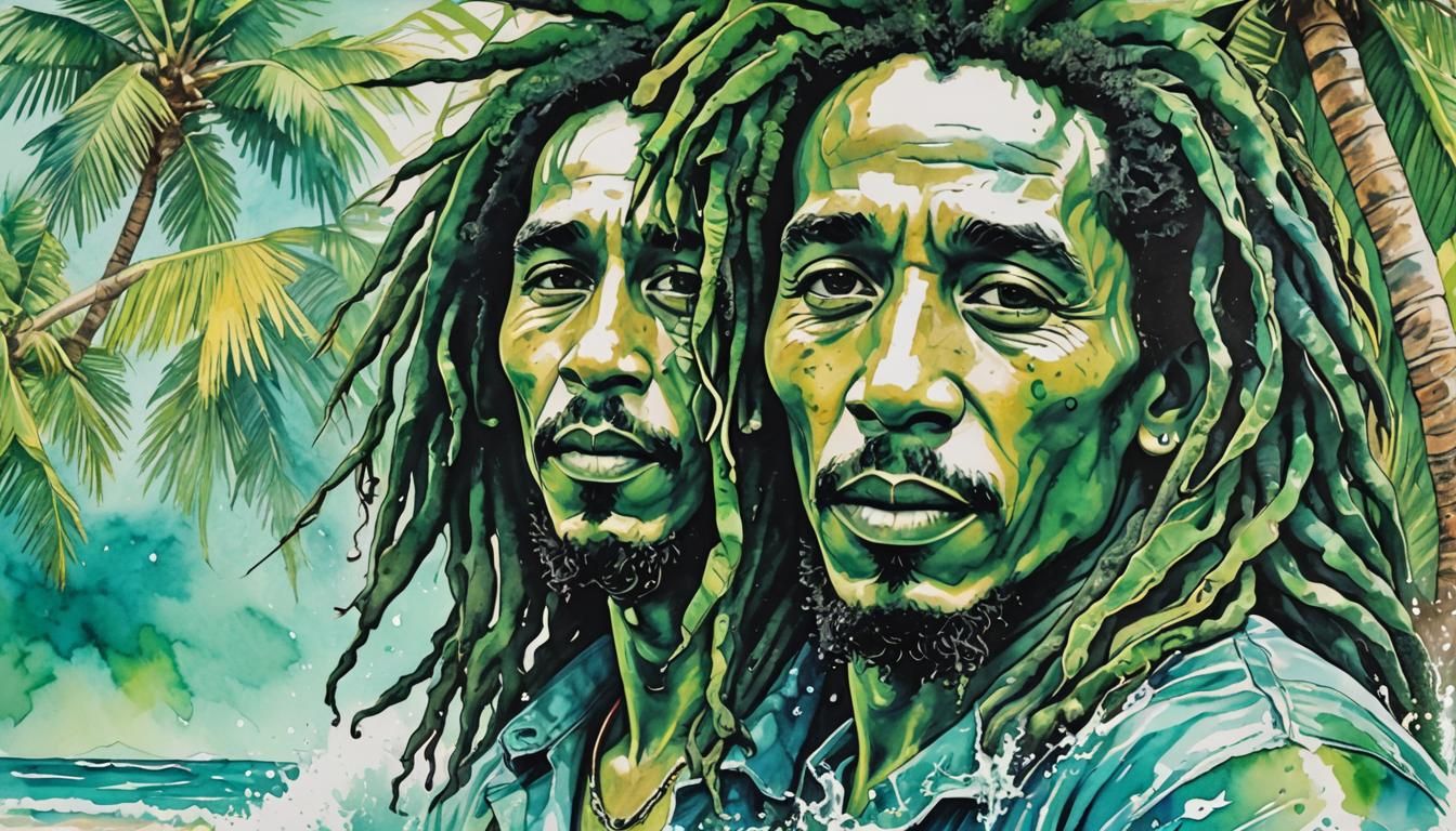 Bob Marley on Jamaican Beach in Pop Art Style