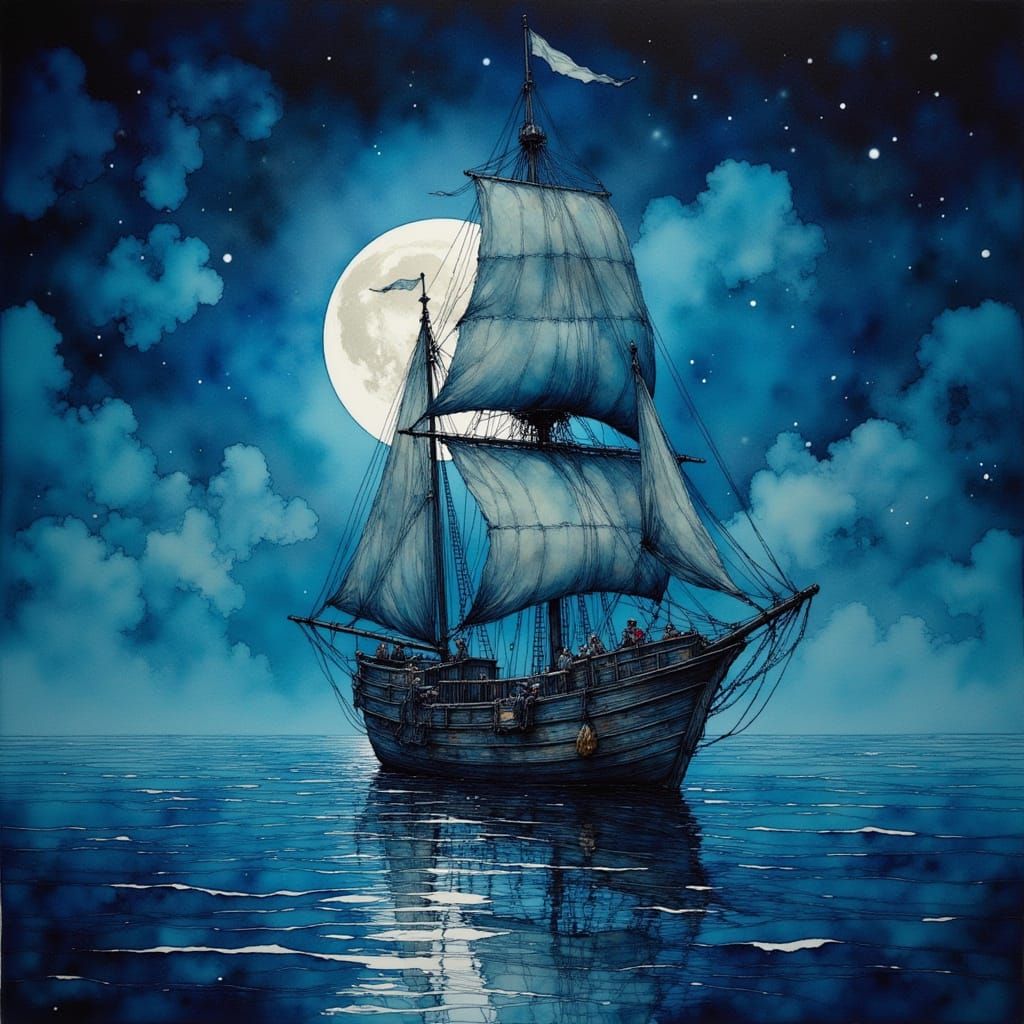 Majestic Ship Sails Under Full Moon in Dreamy Style