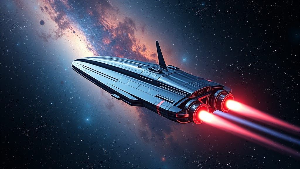 Futuristic Spaceship with Plasma Rockets in Nebula Landscape