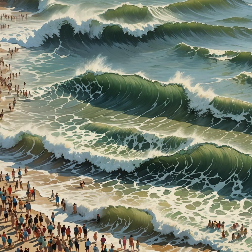 Impressionist Wave Breaks on Crowded Beach