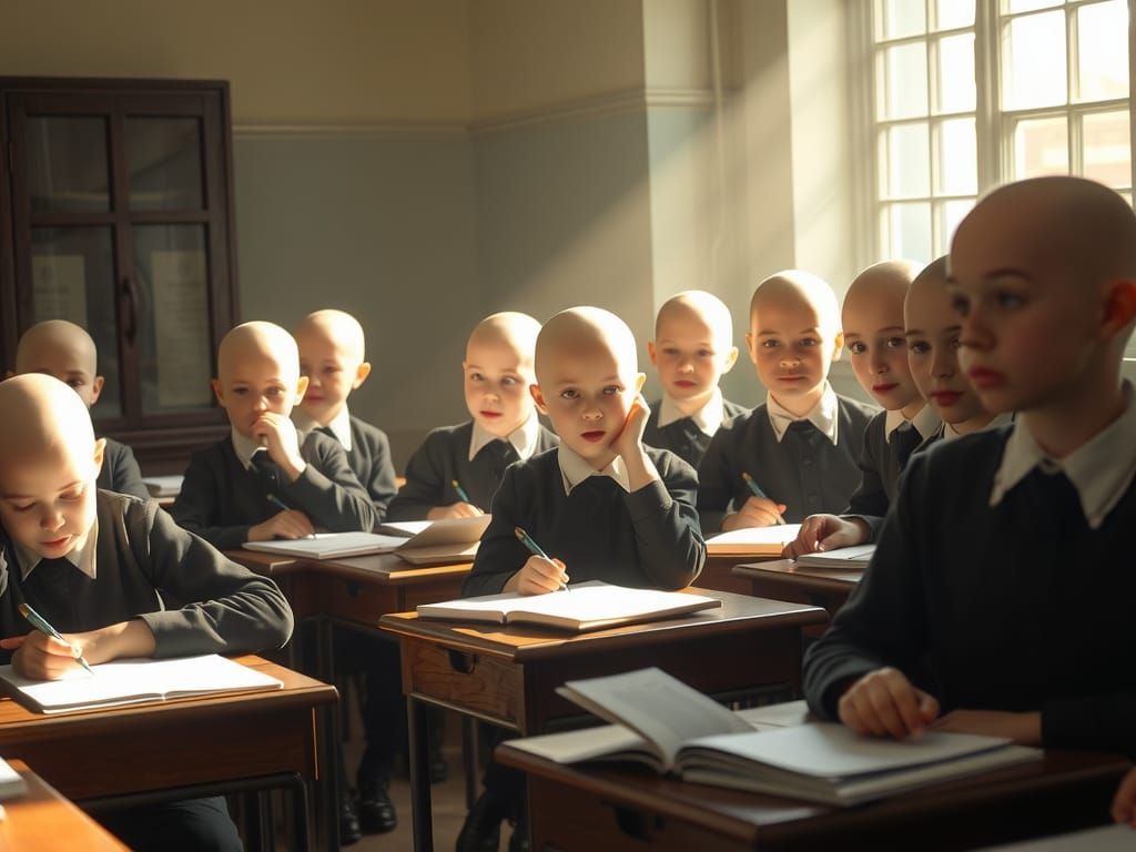 Excited Bald Schoolgirls in Sunlit Classroom