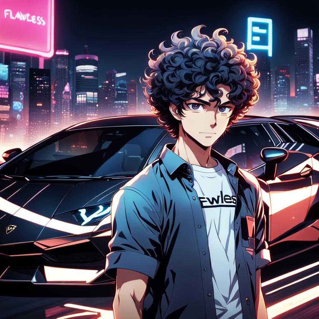 Anime-Style Man Beside Lamborghini in Key Visual