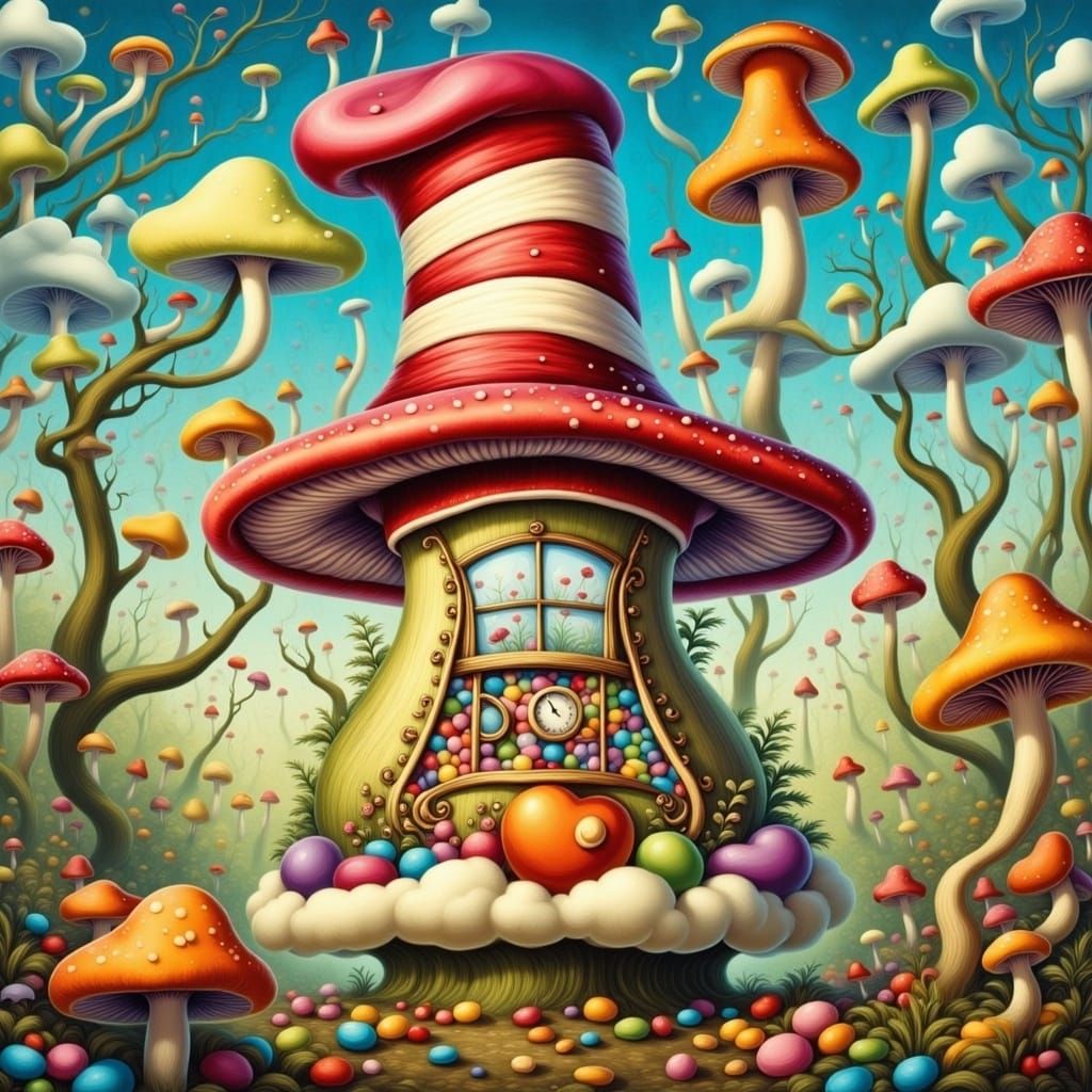 Surreal Candy Machine in Whimsical Dr. Seuss-Inspired Style