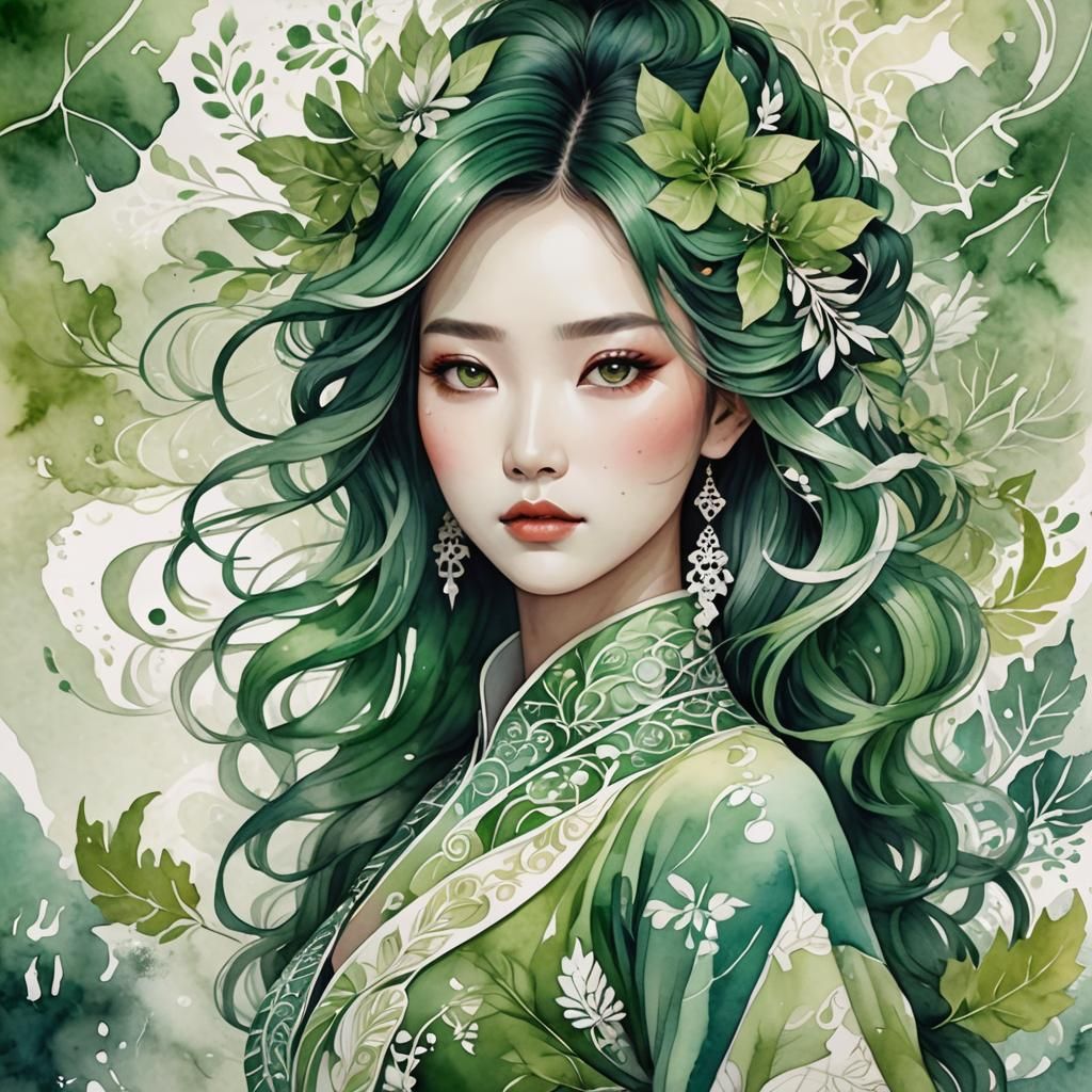 Watercolor Portrait of Chinese Girl in Dress