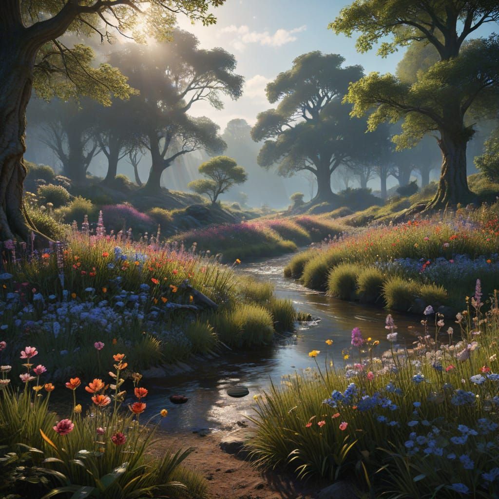 Idyllic Neo-Impressionist Countryside Scene with Vibrant Wil...