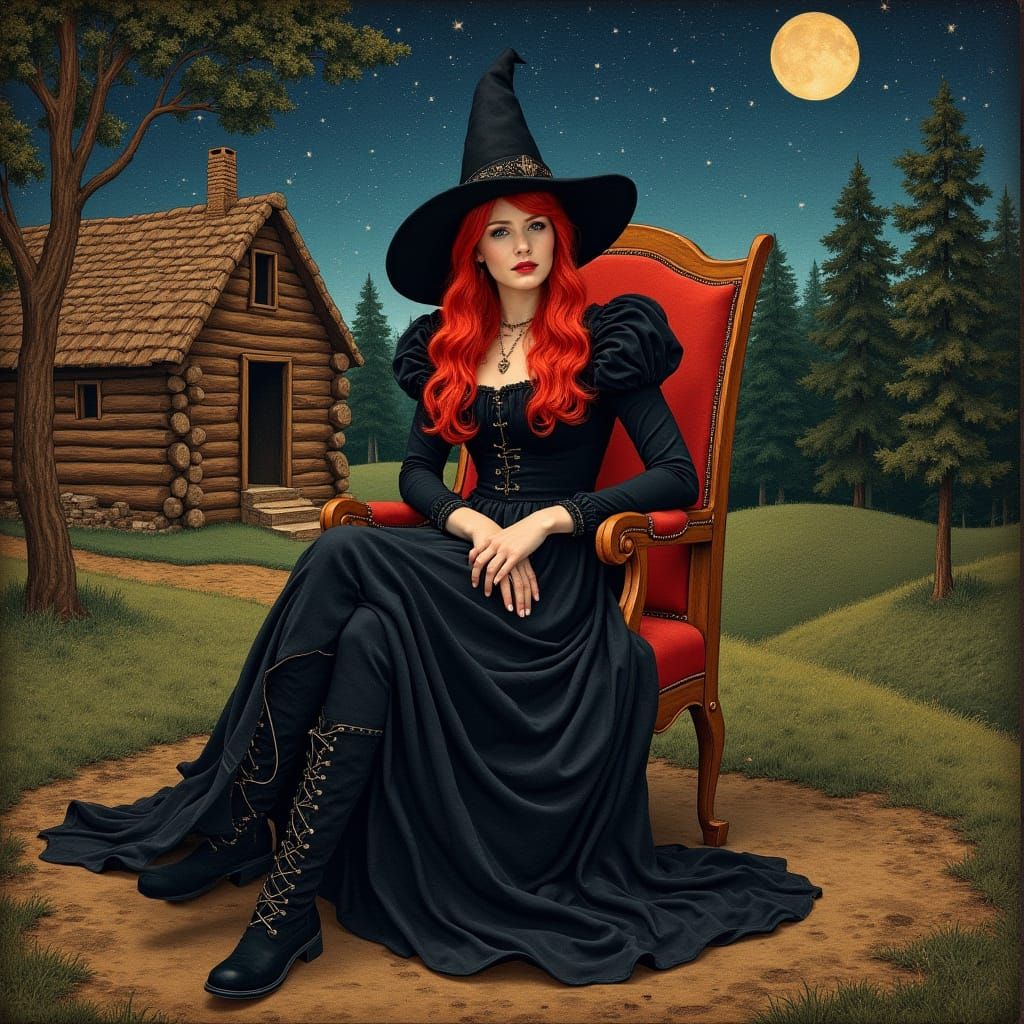 Medieval Tapestry of Red-Haired Witch on Chair